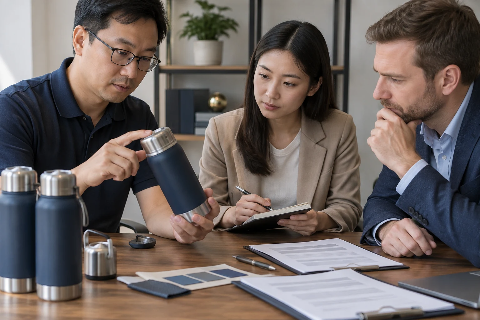 Three people discussing a bottle sample and supplier details.