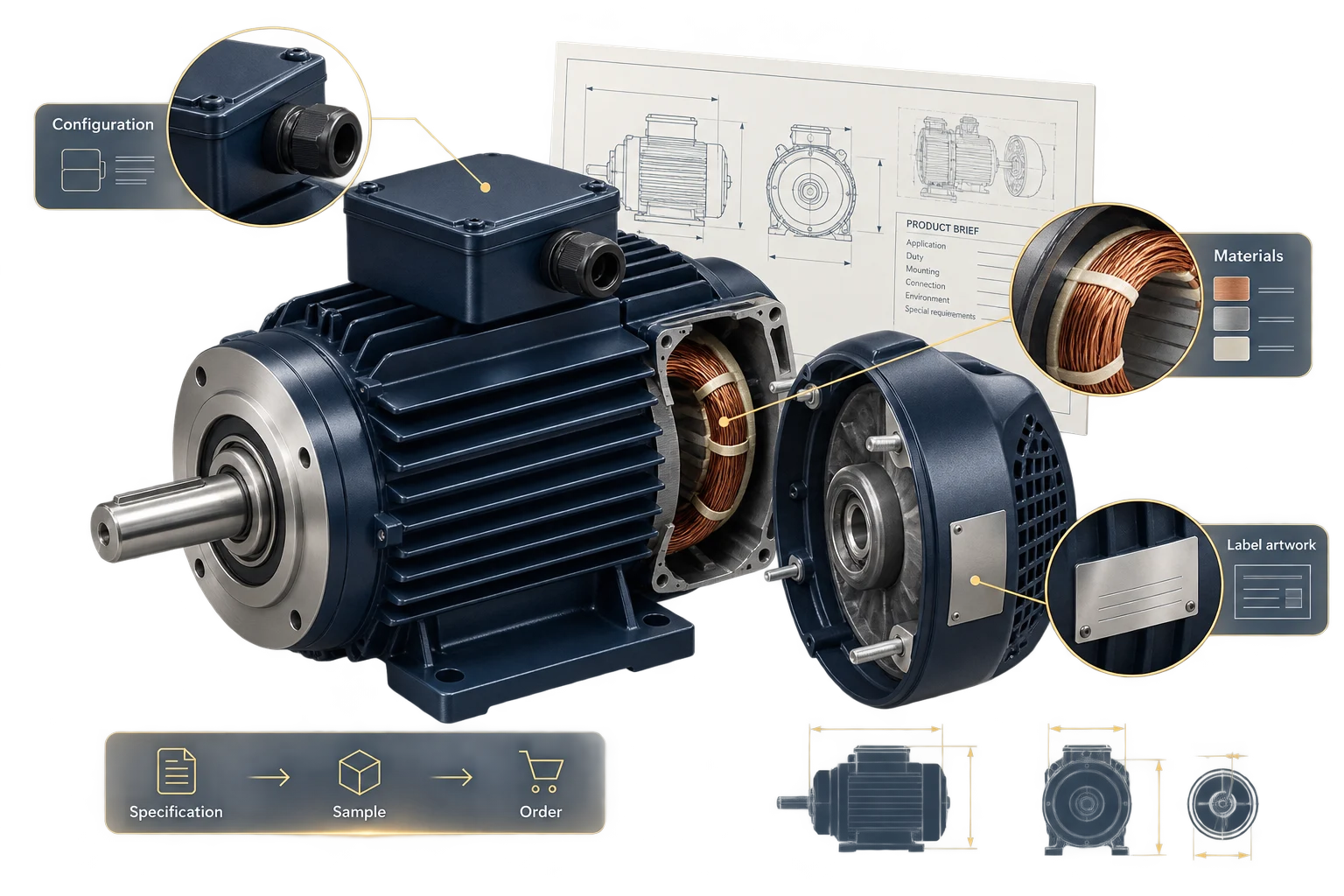 An industrial motor with configuration, material and label-artwork details linked to a product brief.