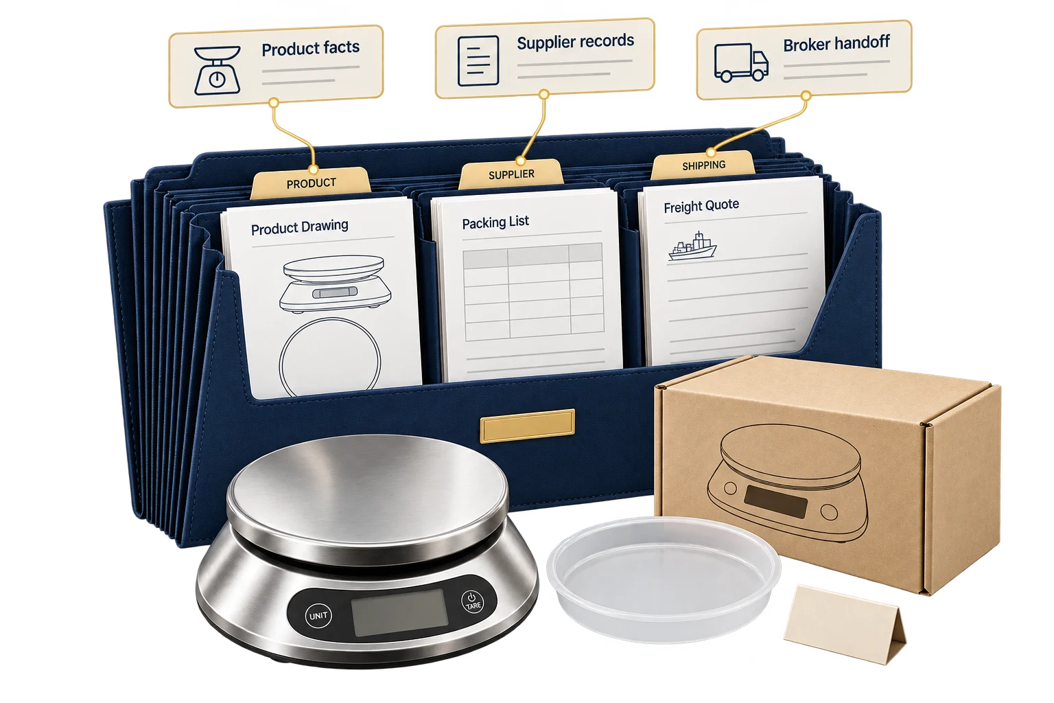A product sample and importer order file connecting product facts, supplier records and the broker handover.