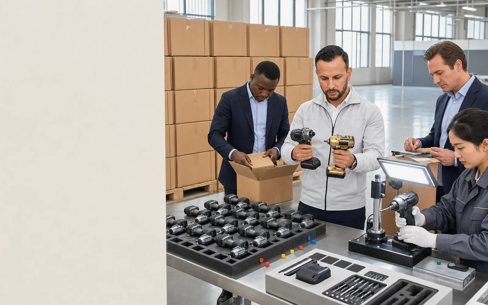 Inspector measuring a finished product beside packed cartons and sorted units before shipment release