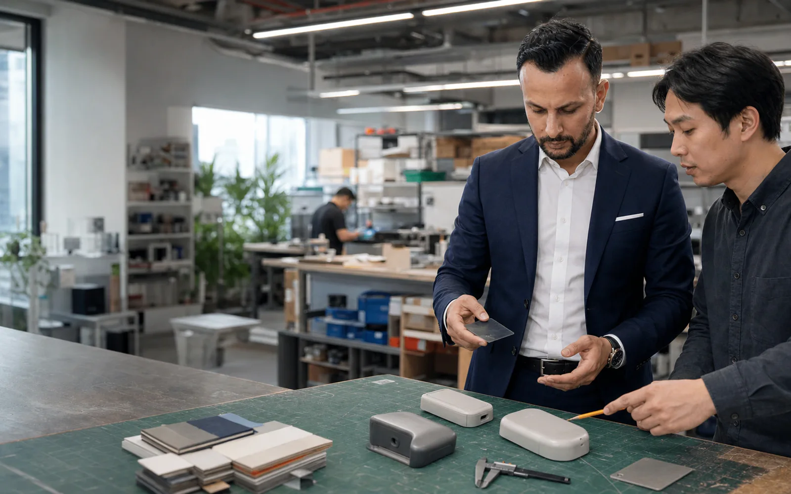 Buyer comparing cosmetic containers, packaging prototypes, and color samples for a private-label product line