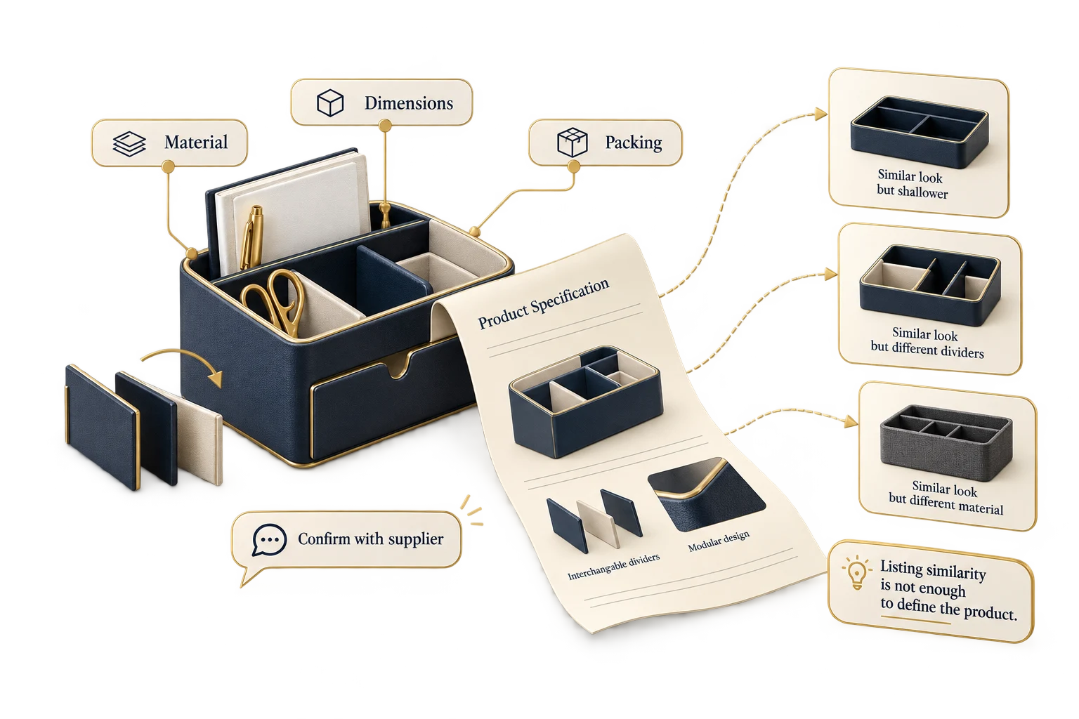 Similar desk-organizer listings differ in dimensions, dividers and material, linked to a product specification.