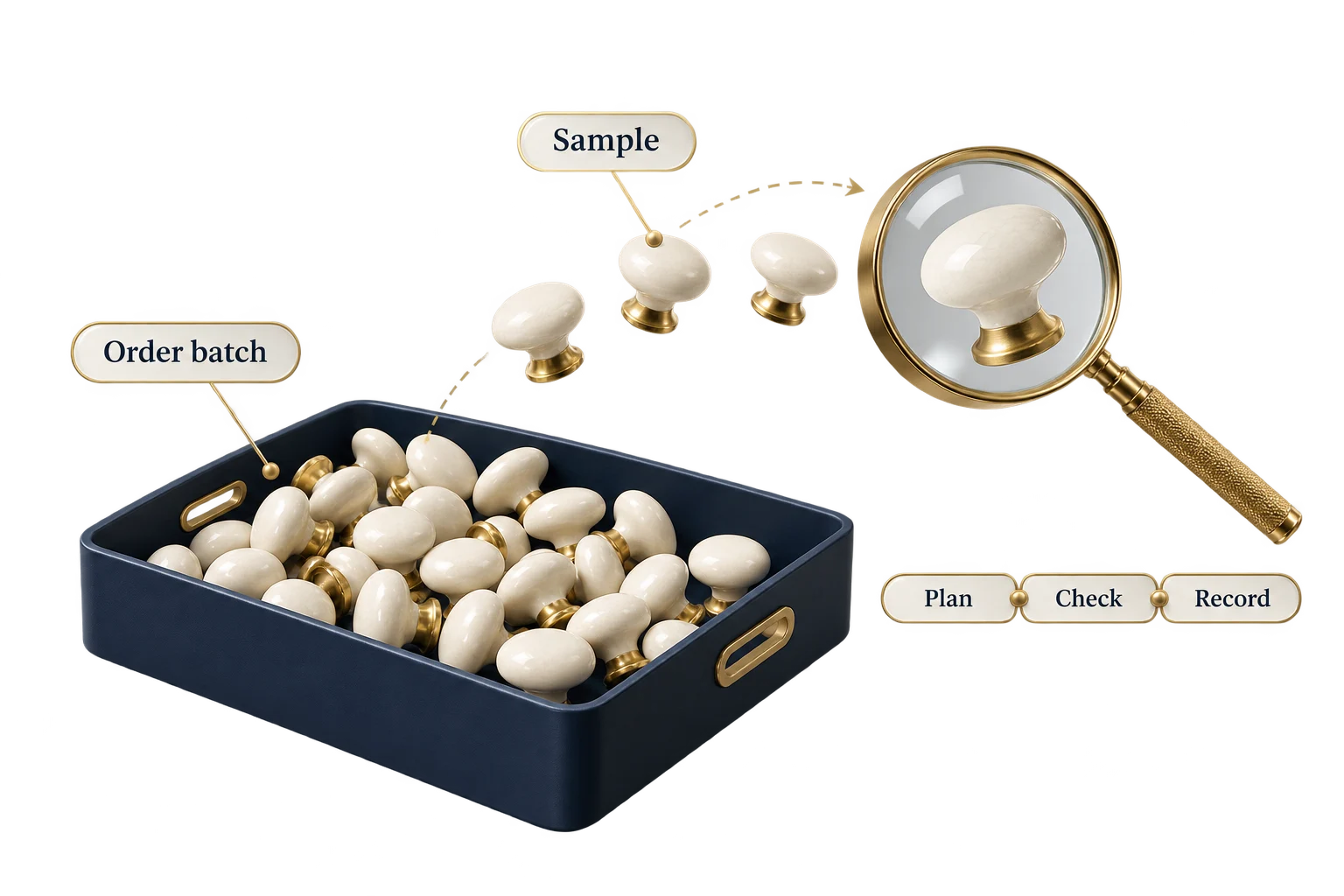 Selected ceramic knobs move from an order batch toward an inspection lens and a plan, check and record sequence.
