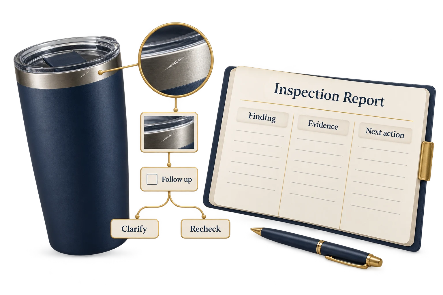 An inspection report links a visible tumbler scratch to supporting evidence and follow-up actions.