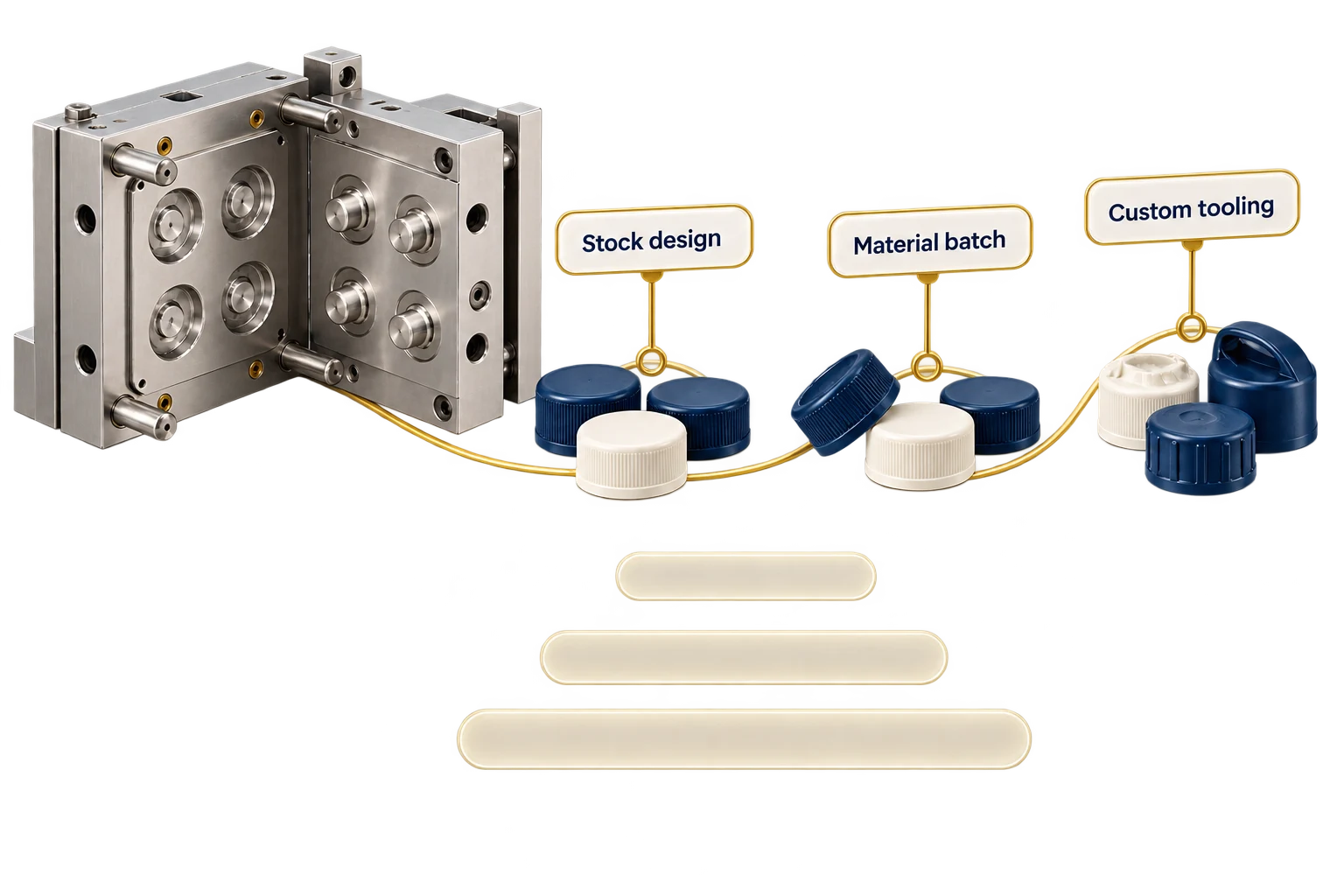A mould and three different bottle-cap groups connecting stock design, material batches and custom tooling to minimum order requirements.
