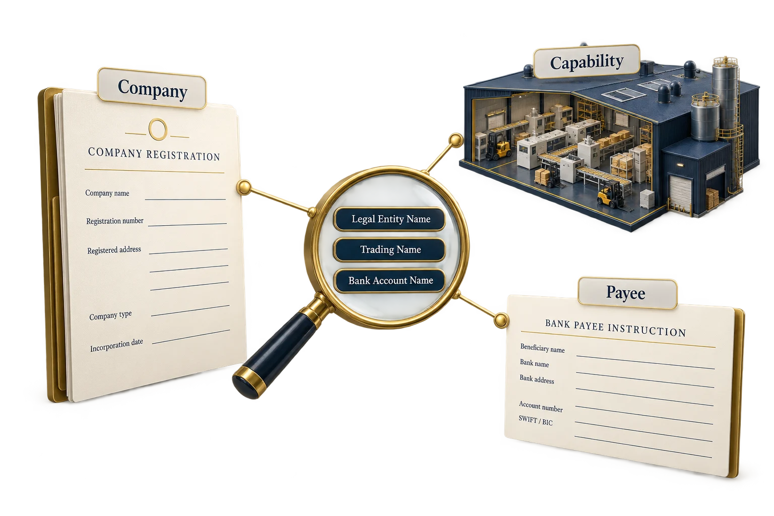 Company identity, factory capability and bank payee records are connected for crosschecking.