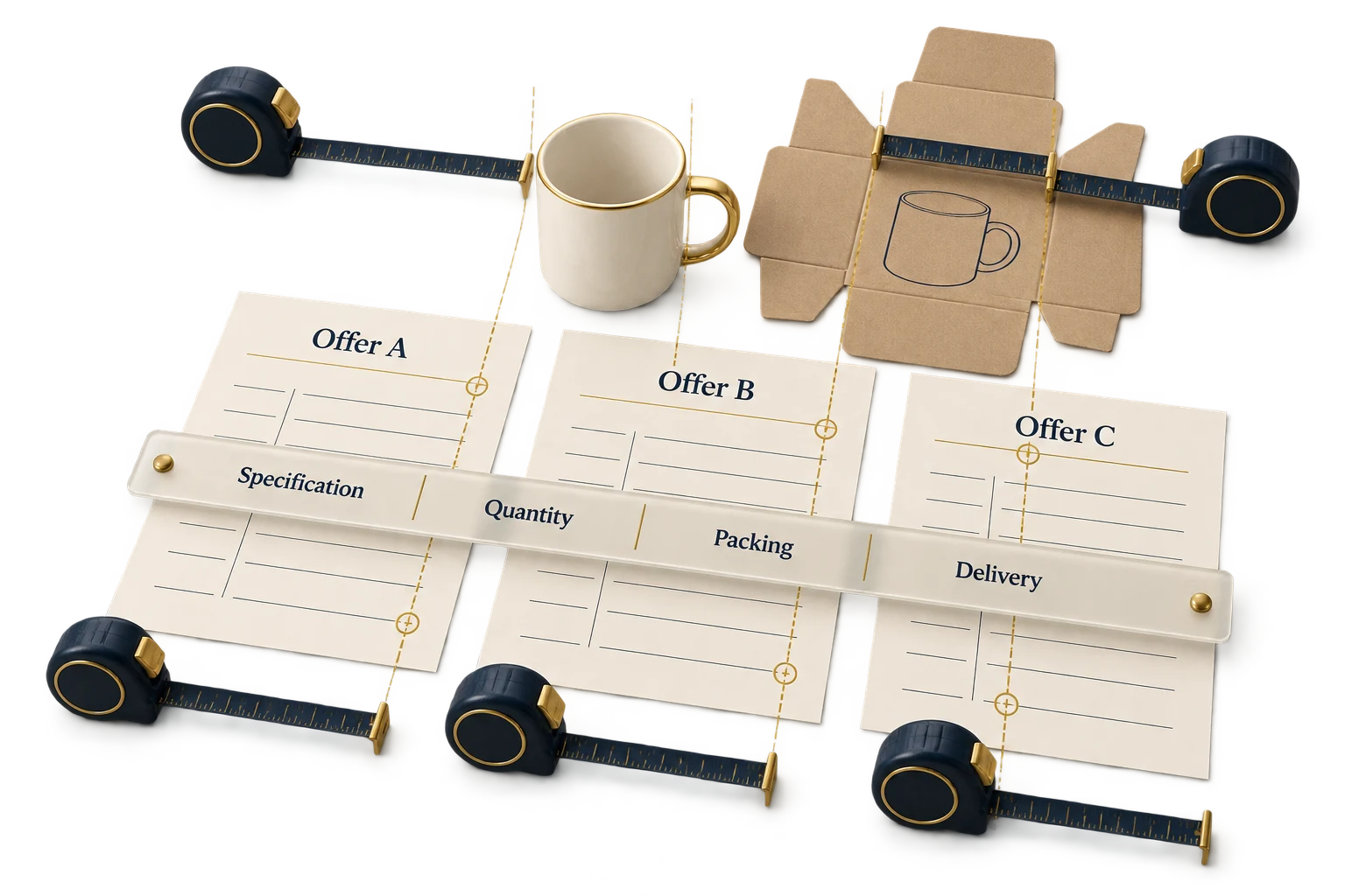 Three supplier offer sheets aligned against the same mug, packaging and comparison requirements.