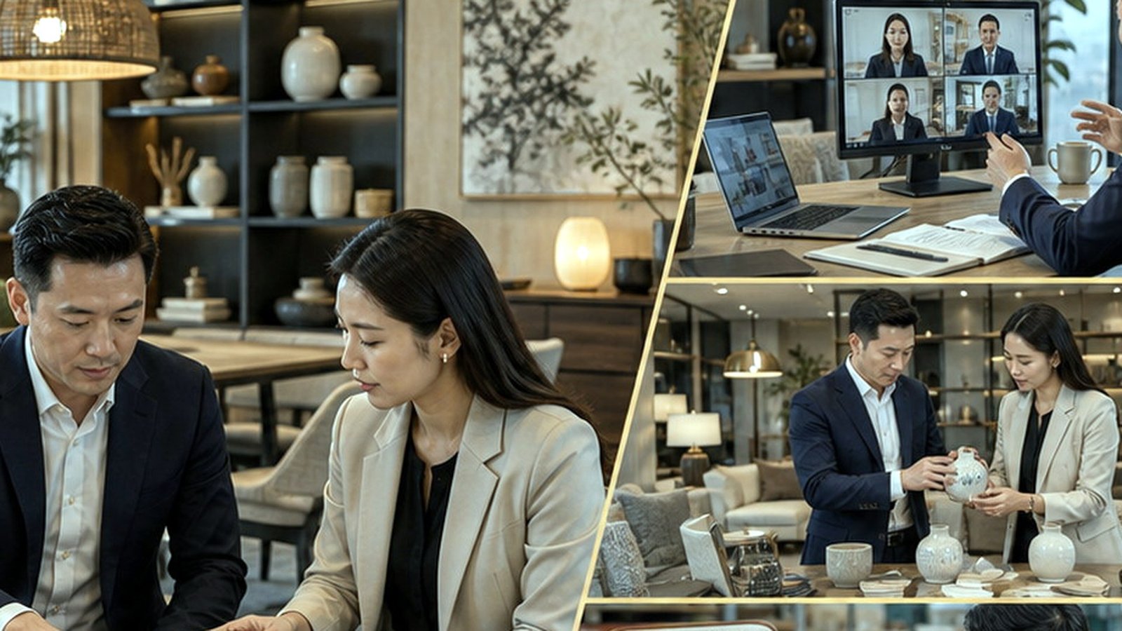 Foshan furniture market sourcing with sofa showrooms, wood samples, and container loading plans alternate workspace scene