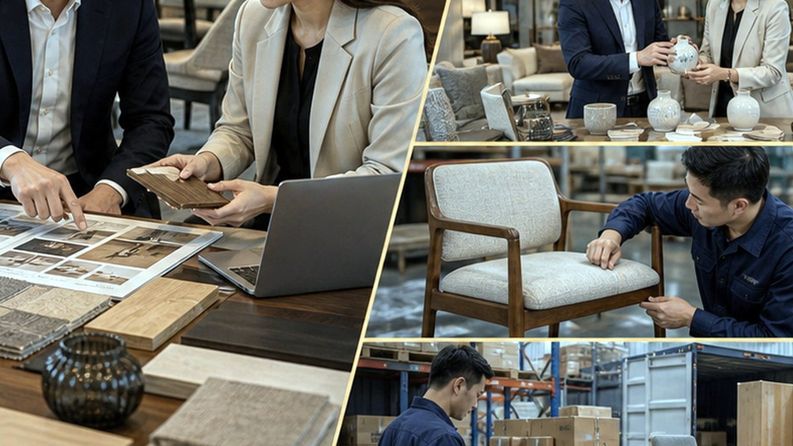 Foshan furniture market sourcing with sofa showrooms, wood samples, and container loading plans detailed sourcing coordination scene