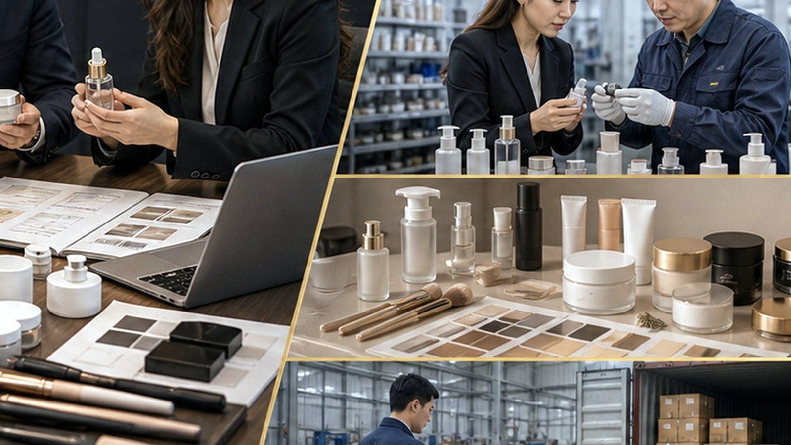 Cosmetic formula and packaging tested before a China production run detailed sourcing coordination scene
