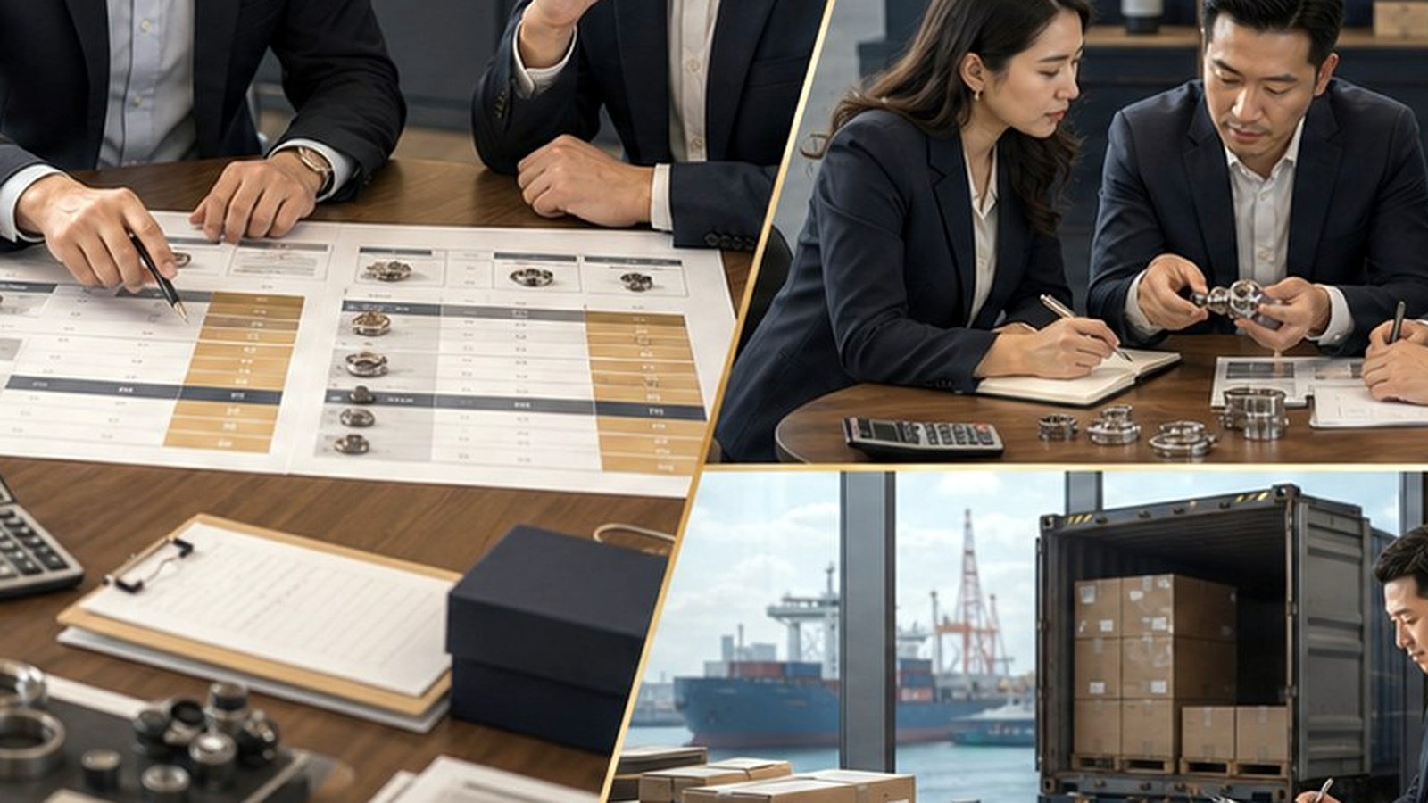 Hardware and tools sourcing review with hand tools, calipers, wrenches, sockets, drill bits, sample checks, packaging cartons, and shipping preparation detailed sourcing coordination scene