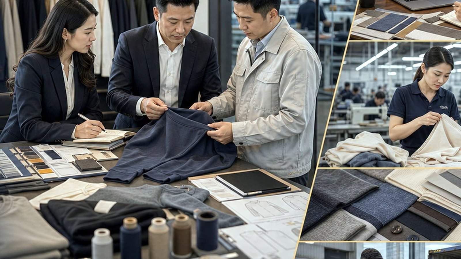 Home textiles sourcing review with bedding, towels, curtain fabrics, textile swatches, stitching checks, packaging cartons, and shipping preparation