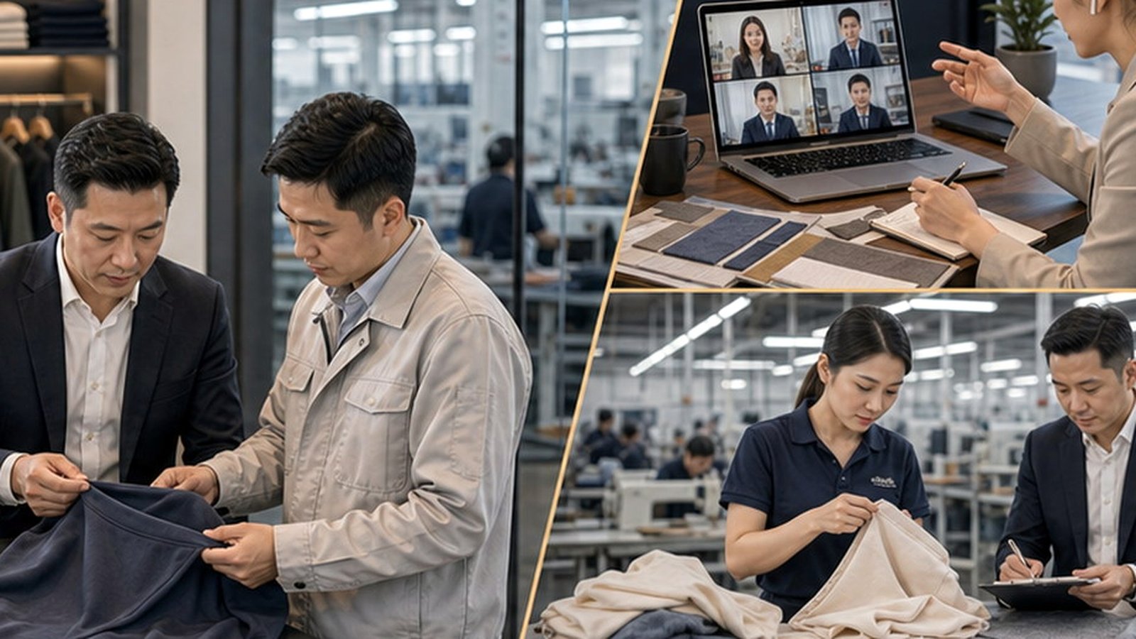Home textiles sourcing review with bedding, towels, curtain fabrics, textile swatches, stitching checks, packaging cartons, and shipping preparation alternate workspace scene