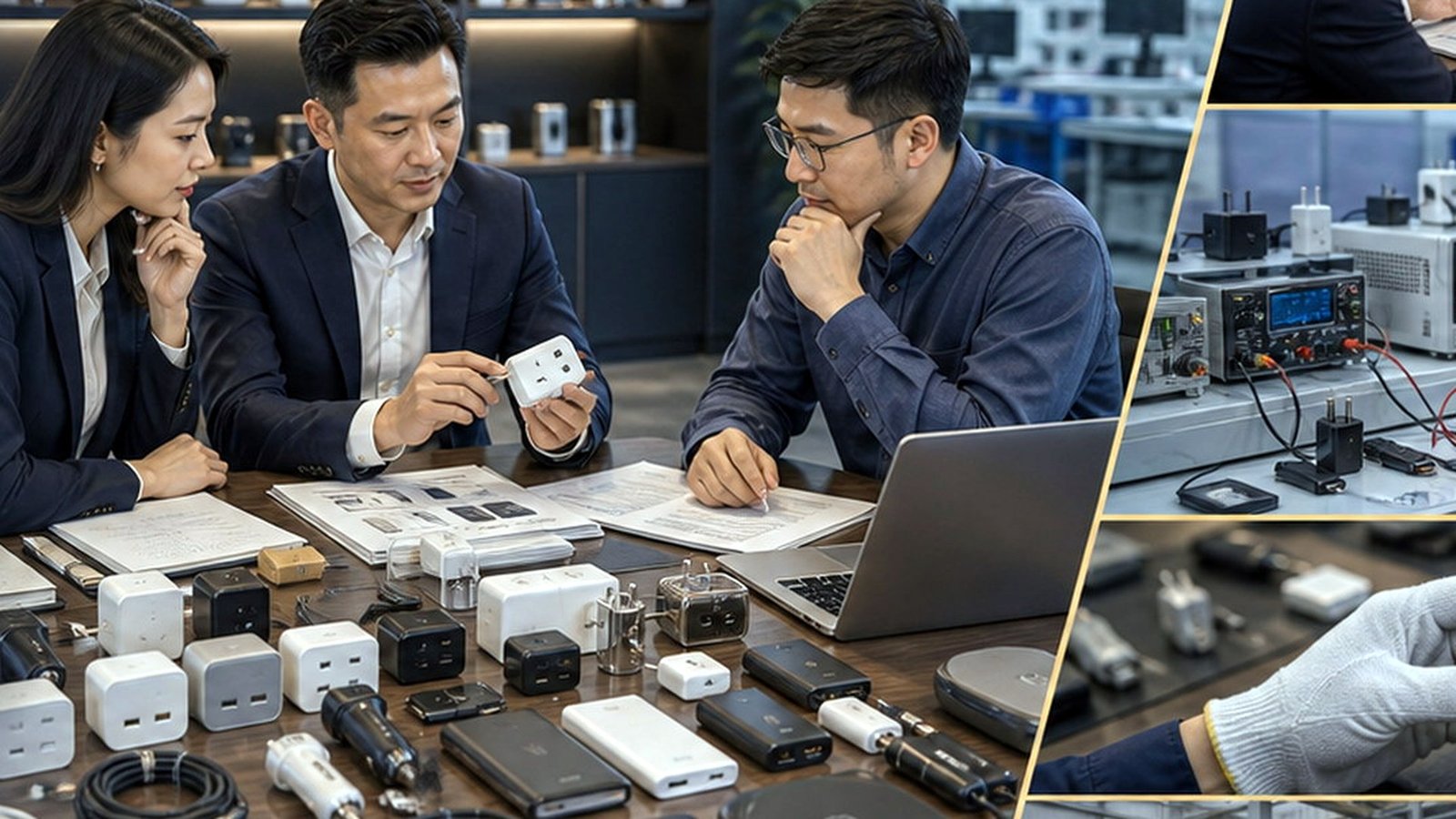 Mobile accessories supplier discussion with phone cases, chargers, cables, retail packaging, and shipment preparation
