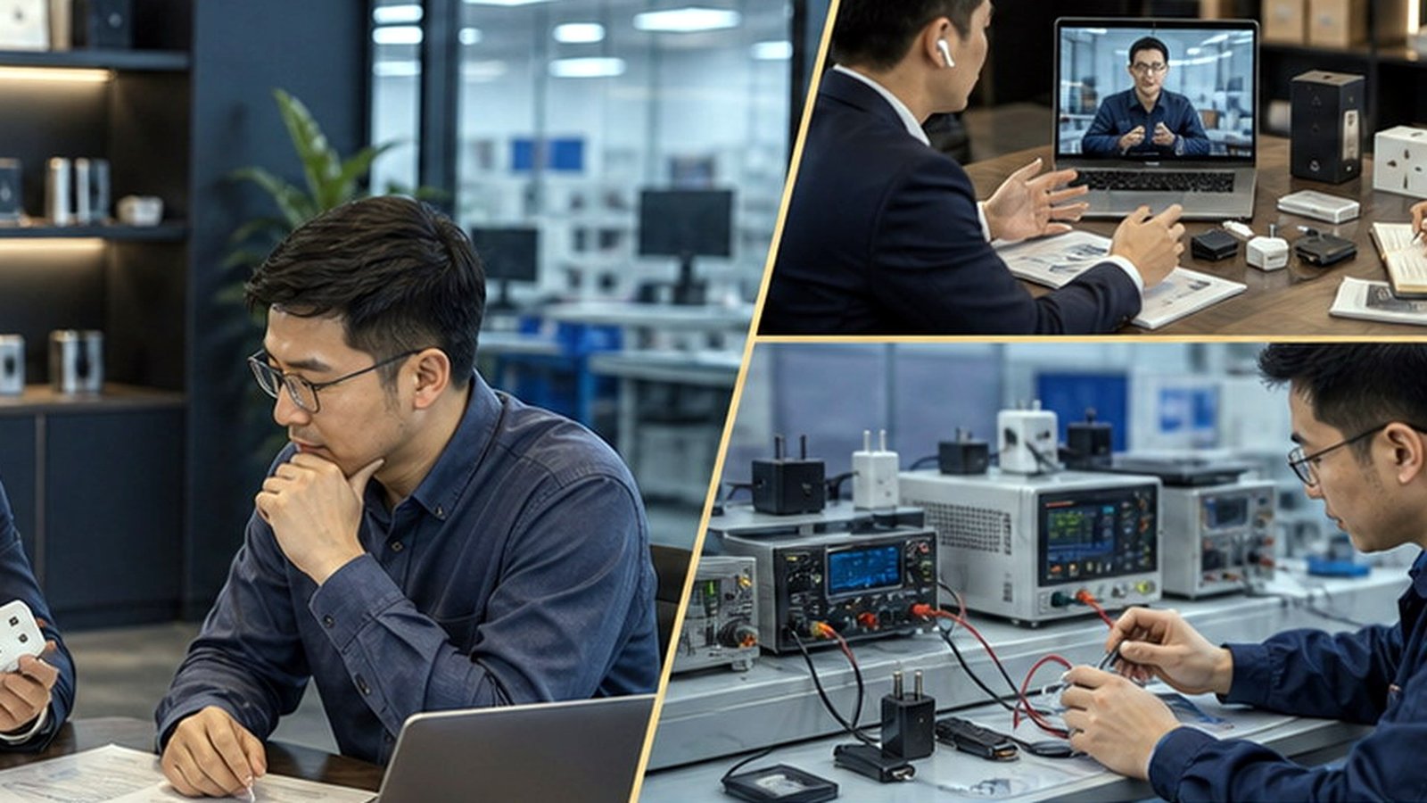 Mobile accessories supplier discussion with phone cases, chargers, cables, retail packaging, and shipment preparation alternate workspace scene