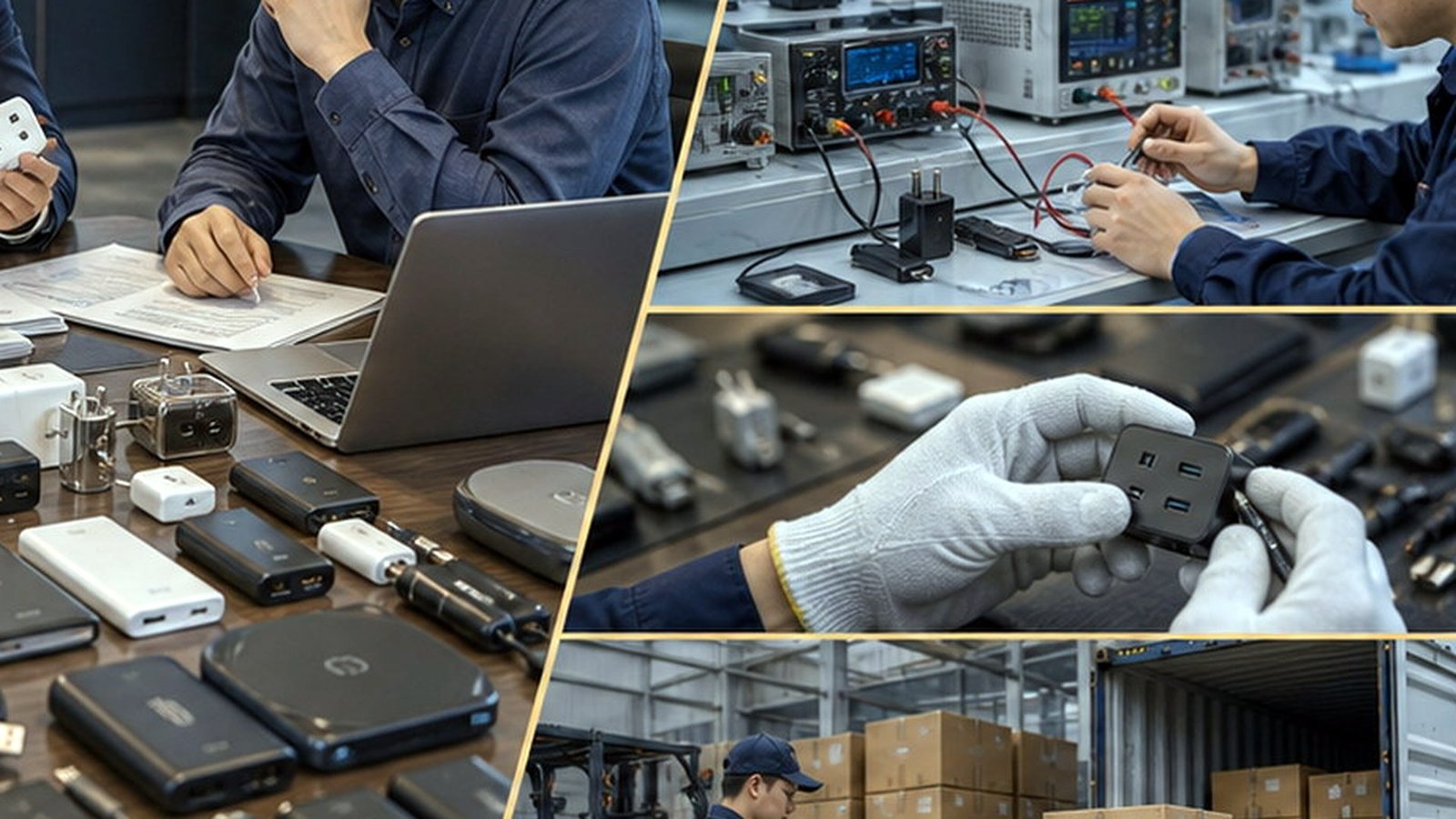 Mobile accessories supplier discussion with phone cases, chargers, cables, retail packaging, and shipment preparation detailed sourcing coordination scene
