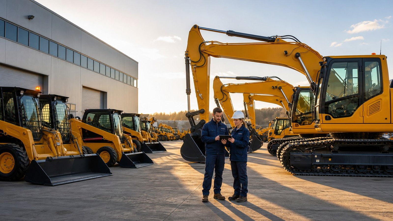 Construction equipment sourcing review in an organized machinery yard