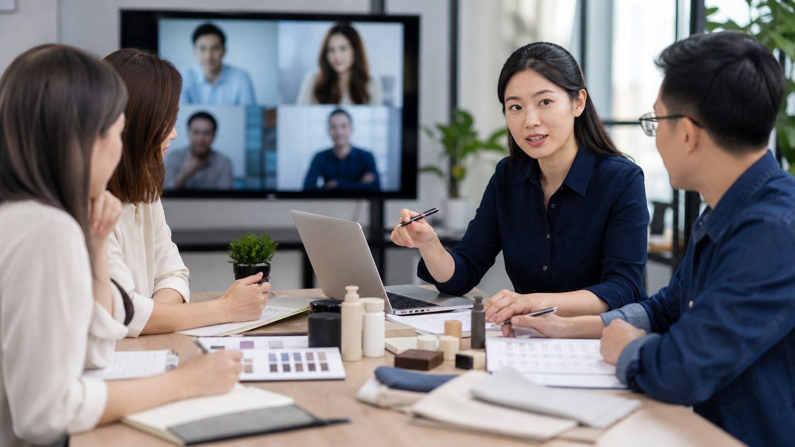 Sourcing team coordinating supplier communication with product samples and meeting notes