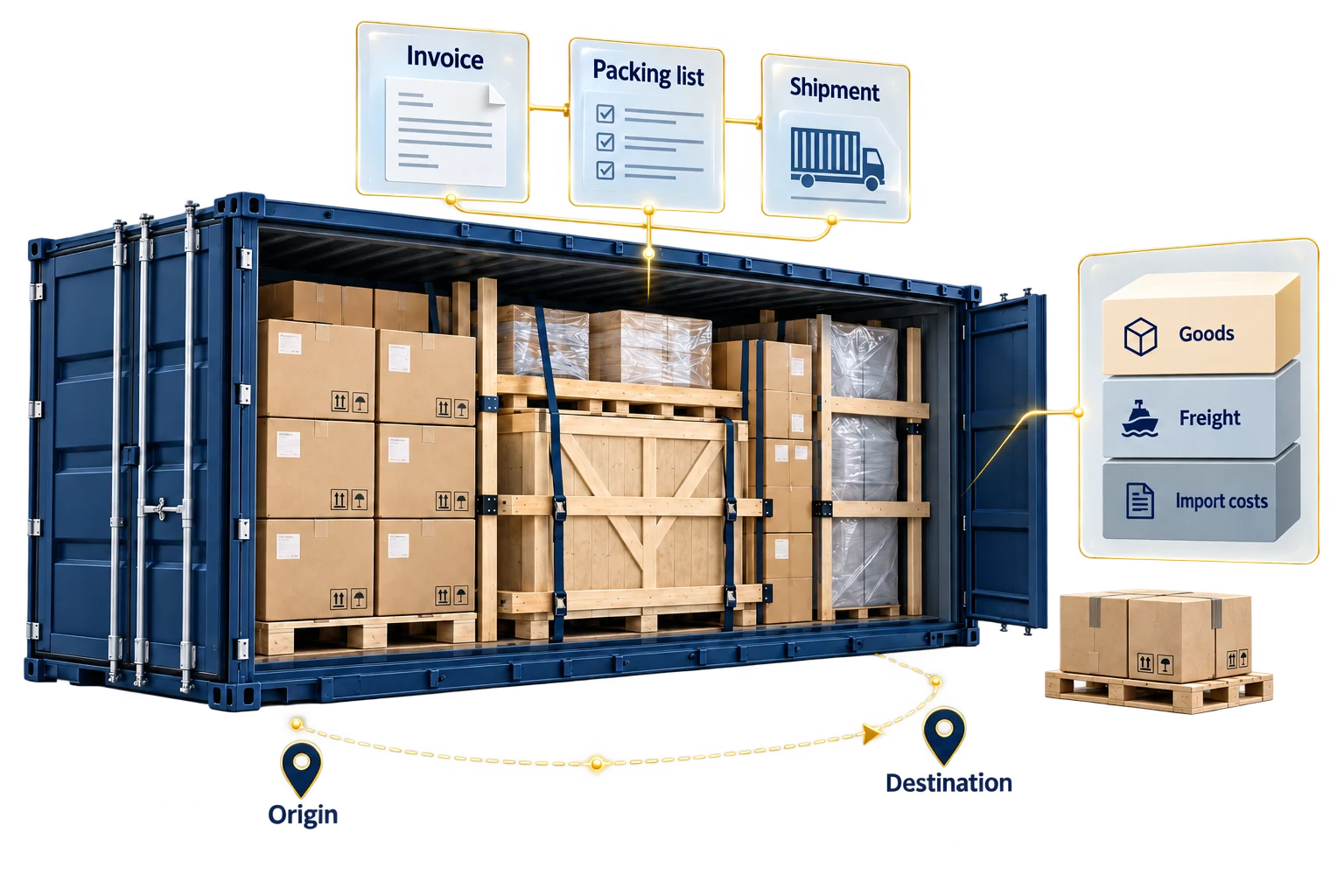 Conceptual cargo illustration linking invoice, packing list and shipment records, with goods, freight and import cost categories.