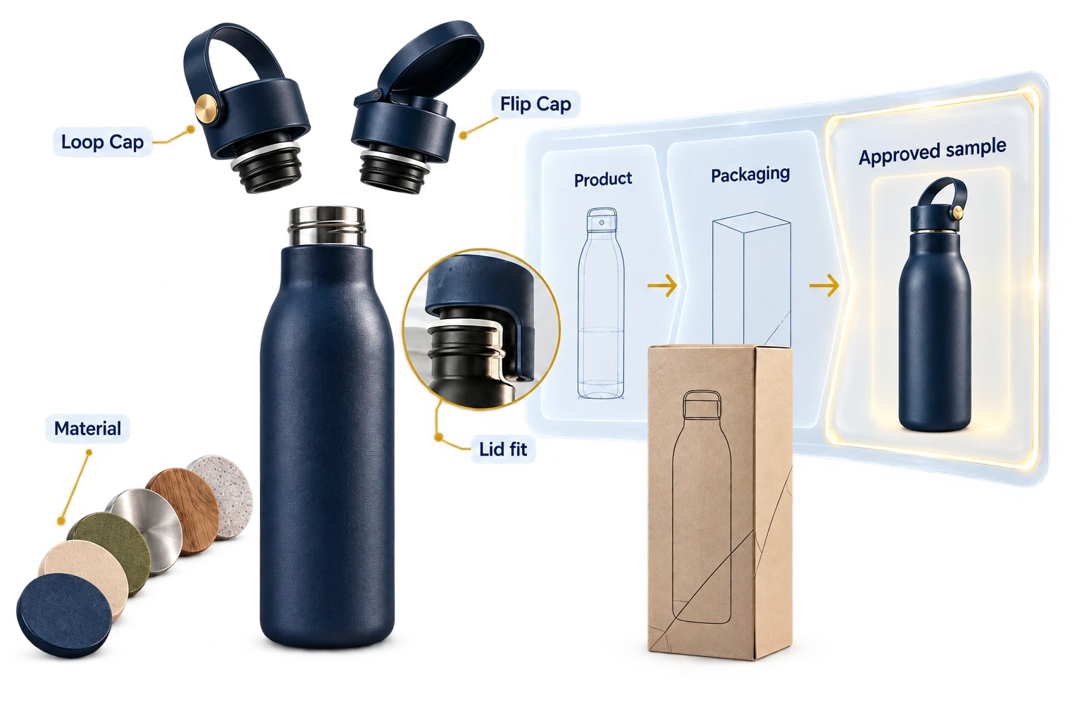Unbranded bottle development illustration with cap options, packaging and a holographic sample approval sequence.