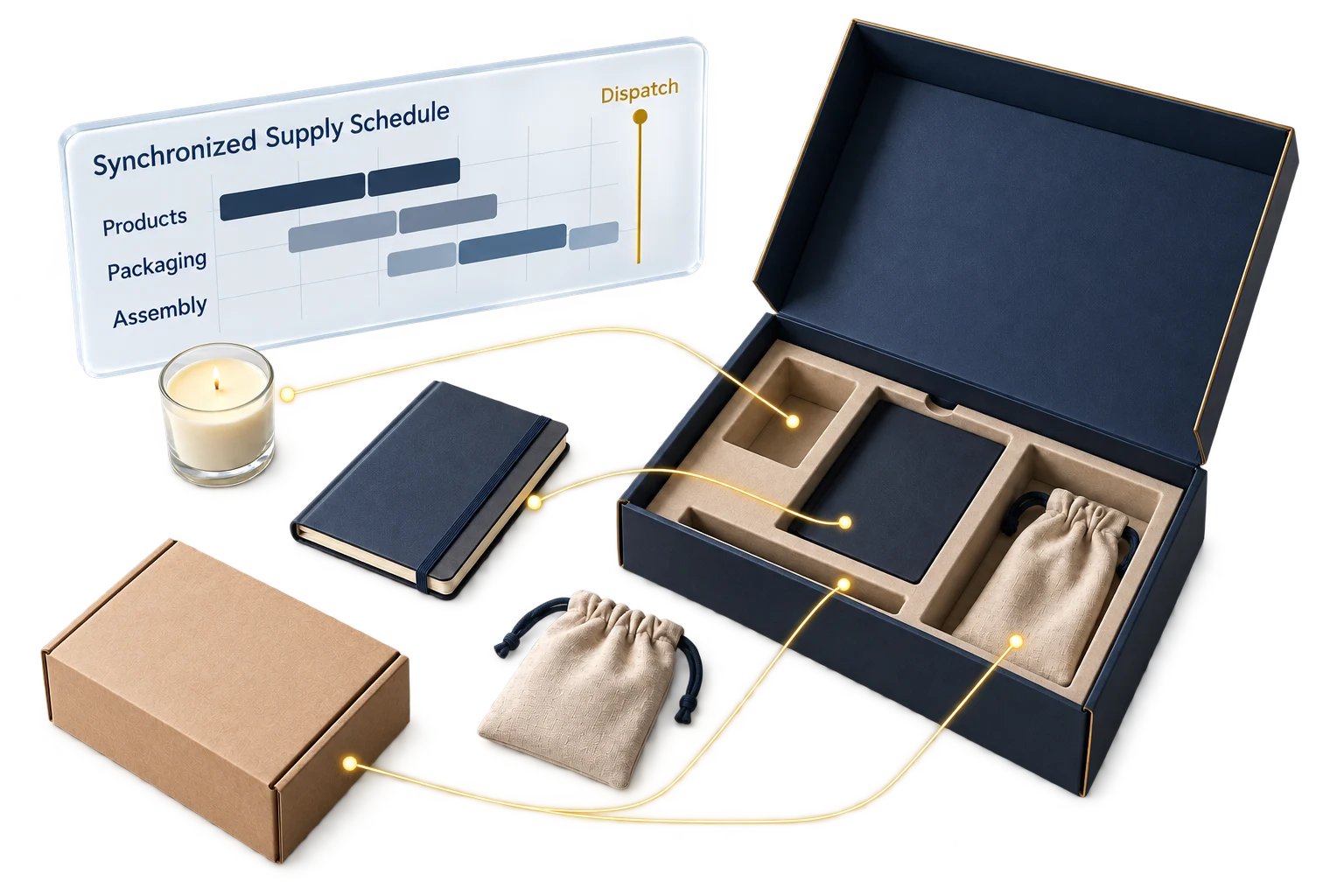 Conceptual subscription box assembly illustration with component arrivals and a holographic dispatch schedule.