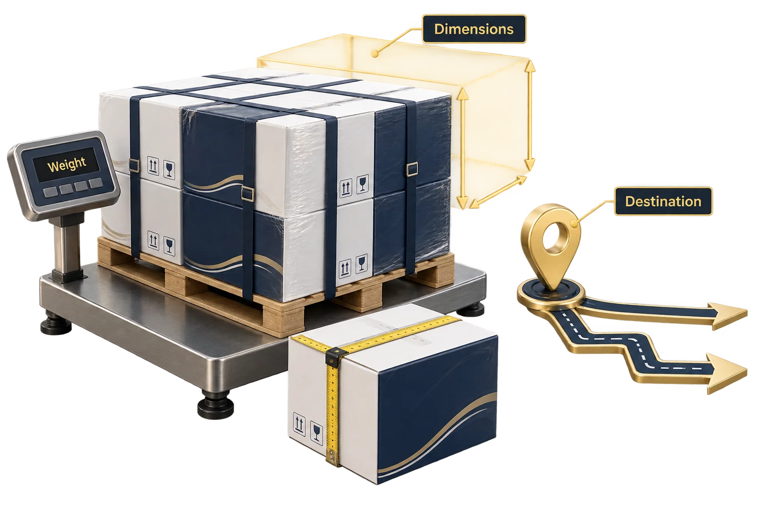 Illustration of packed cargo measured for dimensions and weight before freight options are compared.