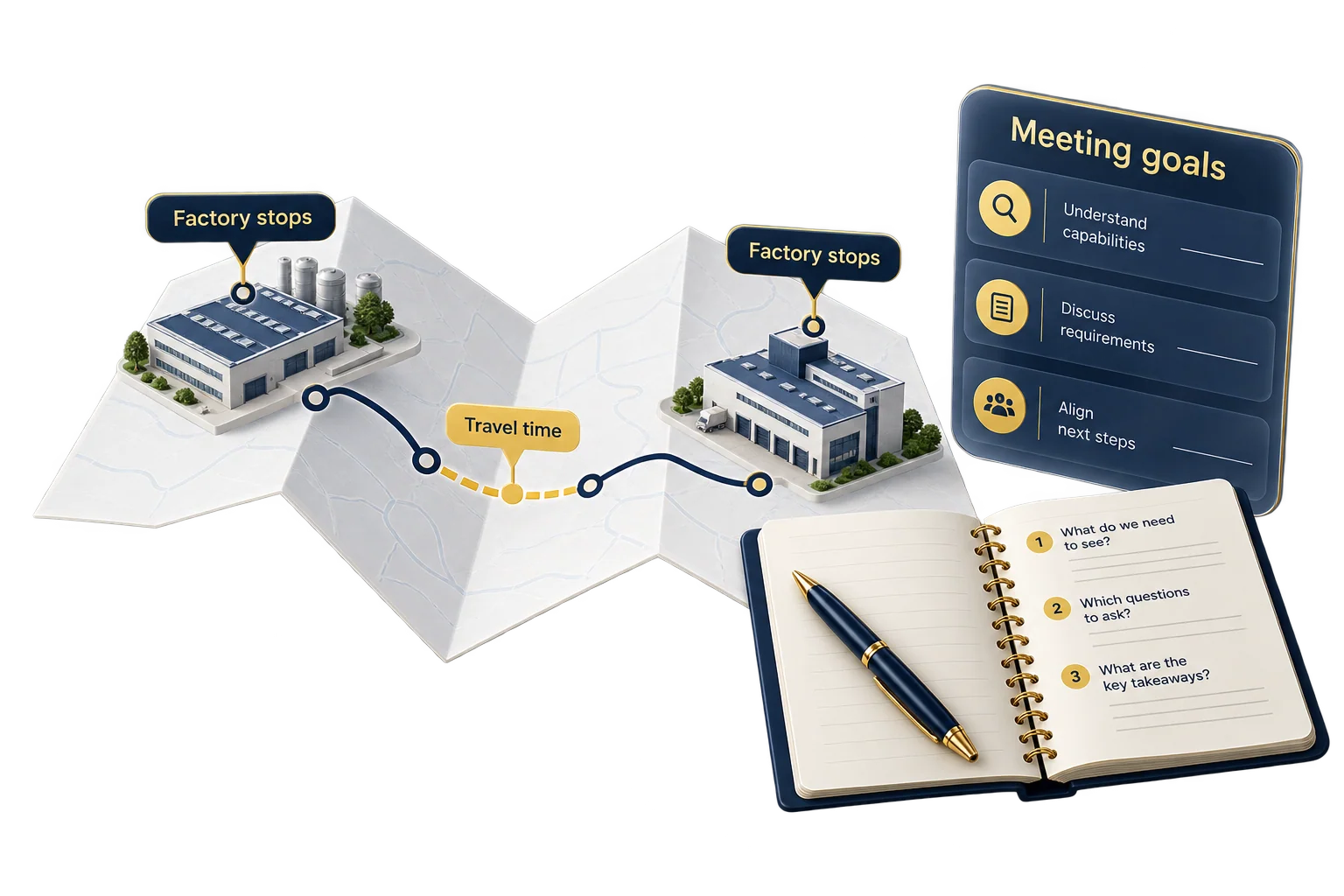 Illustration of a supplier visit itinerary connecting factory stops, meeting agendas and travel time.