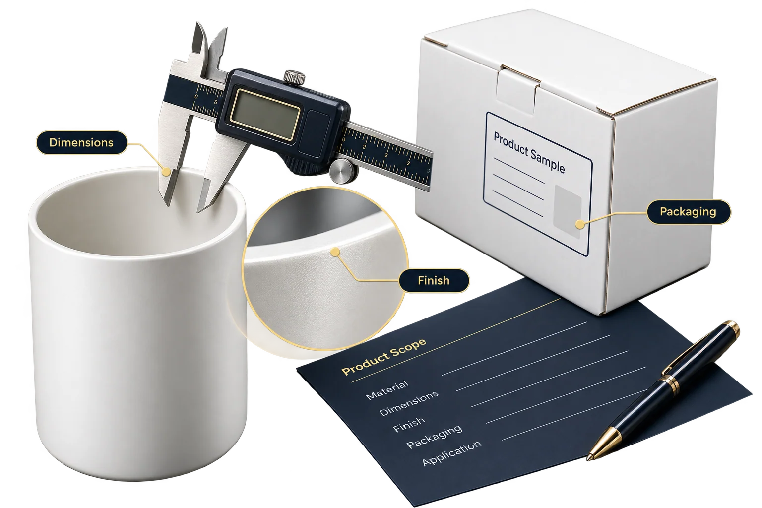 Illustration of a caliper, product sample and inspection scope identifying dimensions, finish and packaging checks.