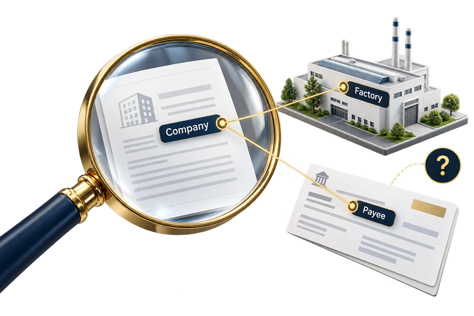 Illustration of company, factory and payment records connected for a supplier identity cross-check.