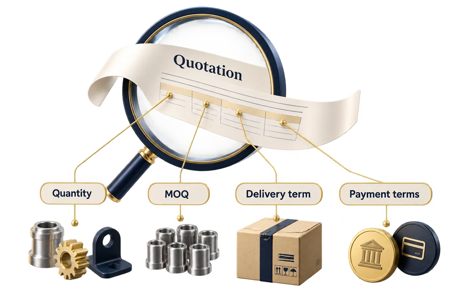Concept illustration explaining quantity, MOQ, delivery terms and payment terms in a quotation.