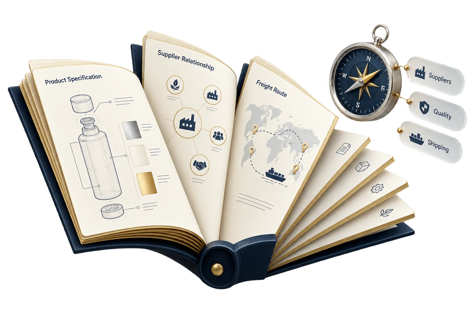Concept illustration of a trade reference atlas connecting supplier, quality and shipping guidance.