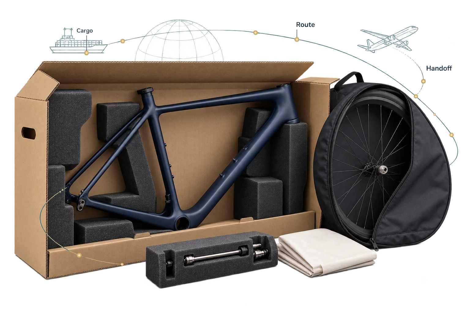 Bicycle frame, protected wheel and transport packing with a fine freight-route overlay.