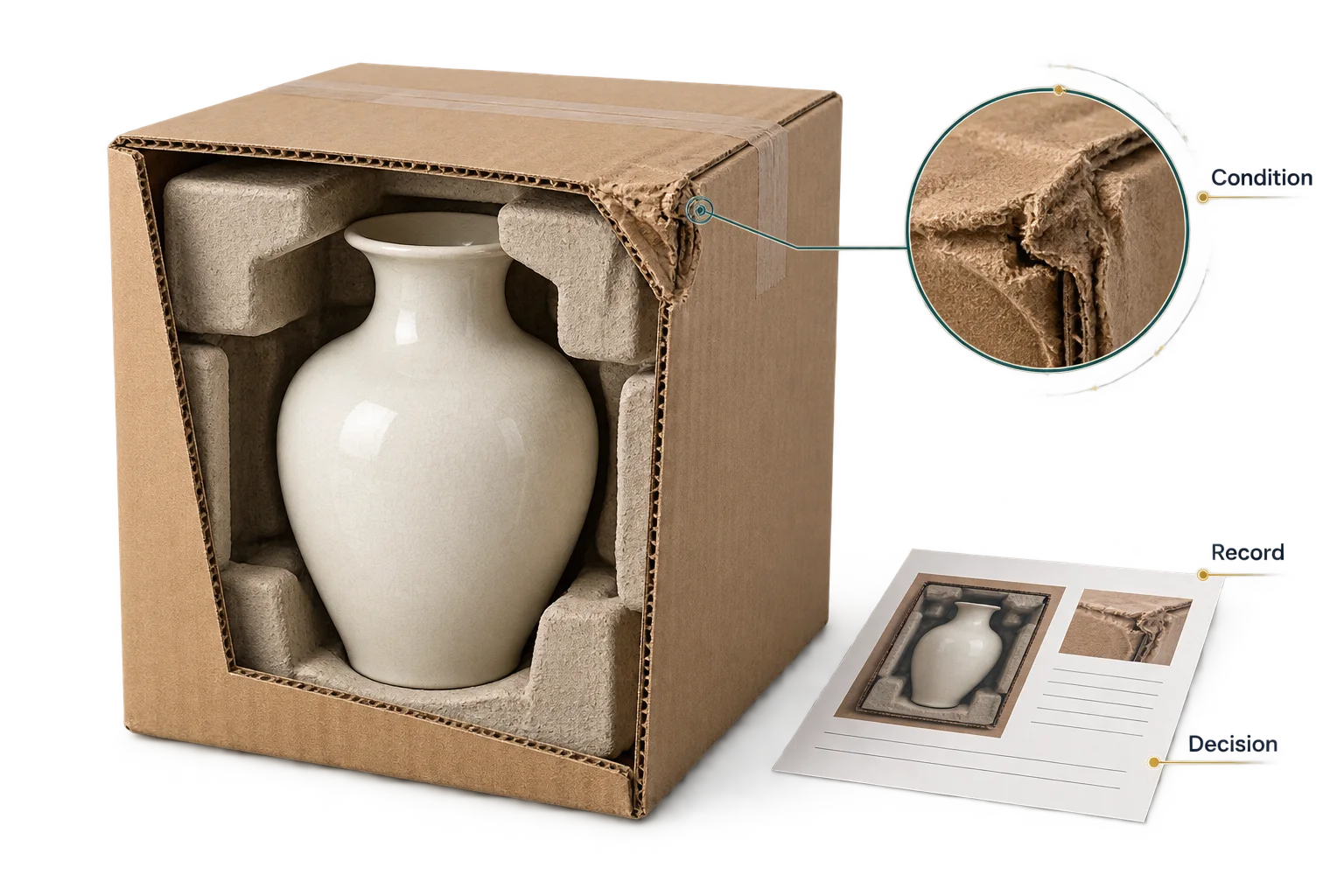 Crushed carton corner and ceramic packing linked to a precise receiving-condition record.