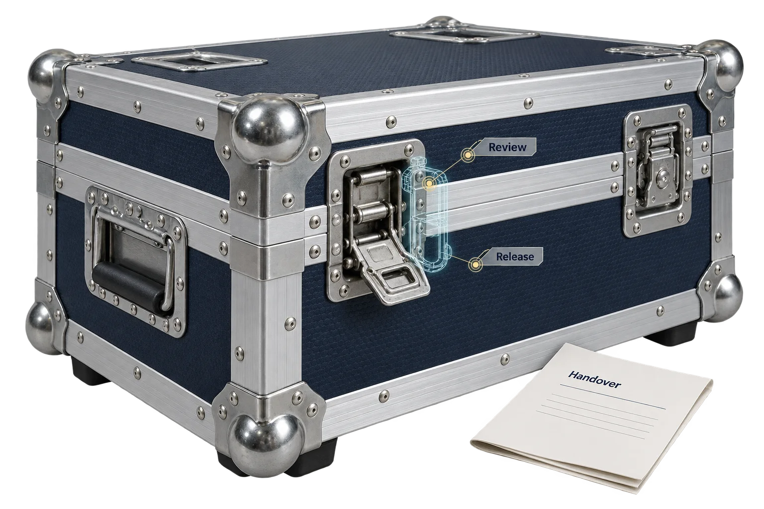 Detailed equipment case and open latch linked to cargo review, release and handover.
