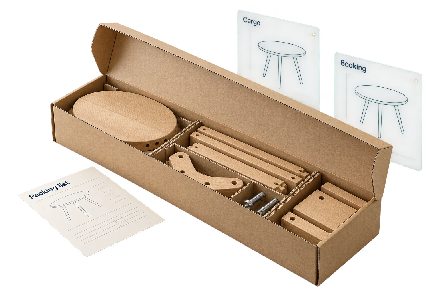 Flat-pack furniture parts connected to matching packing and booking references.