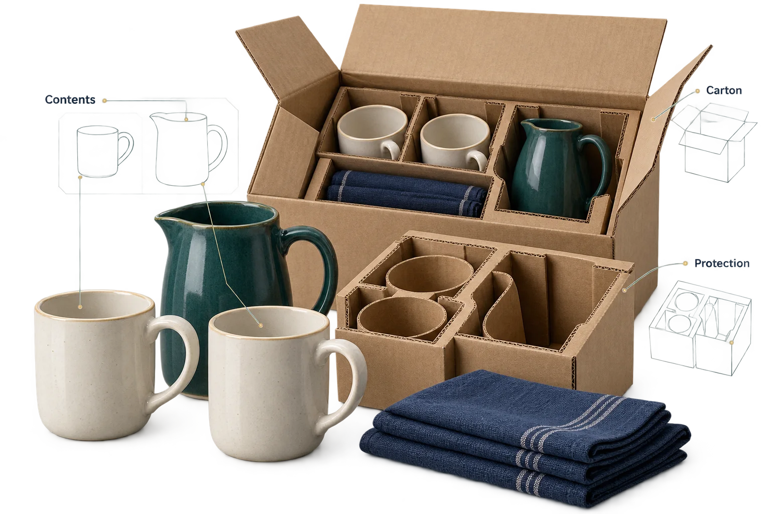 Ceramic kitchenware and linen matched to fitted carton protection.