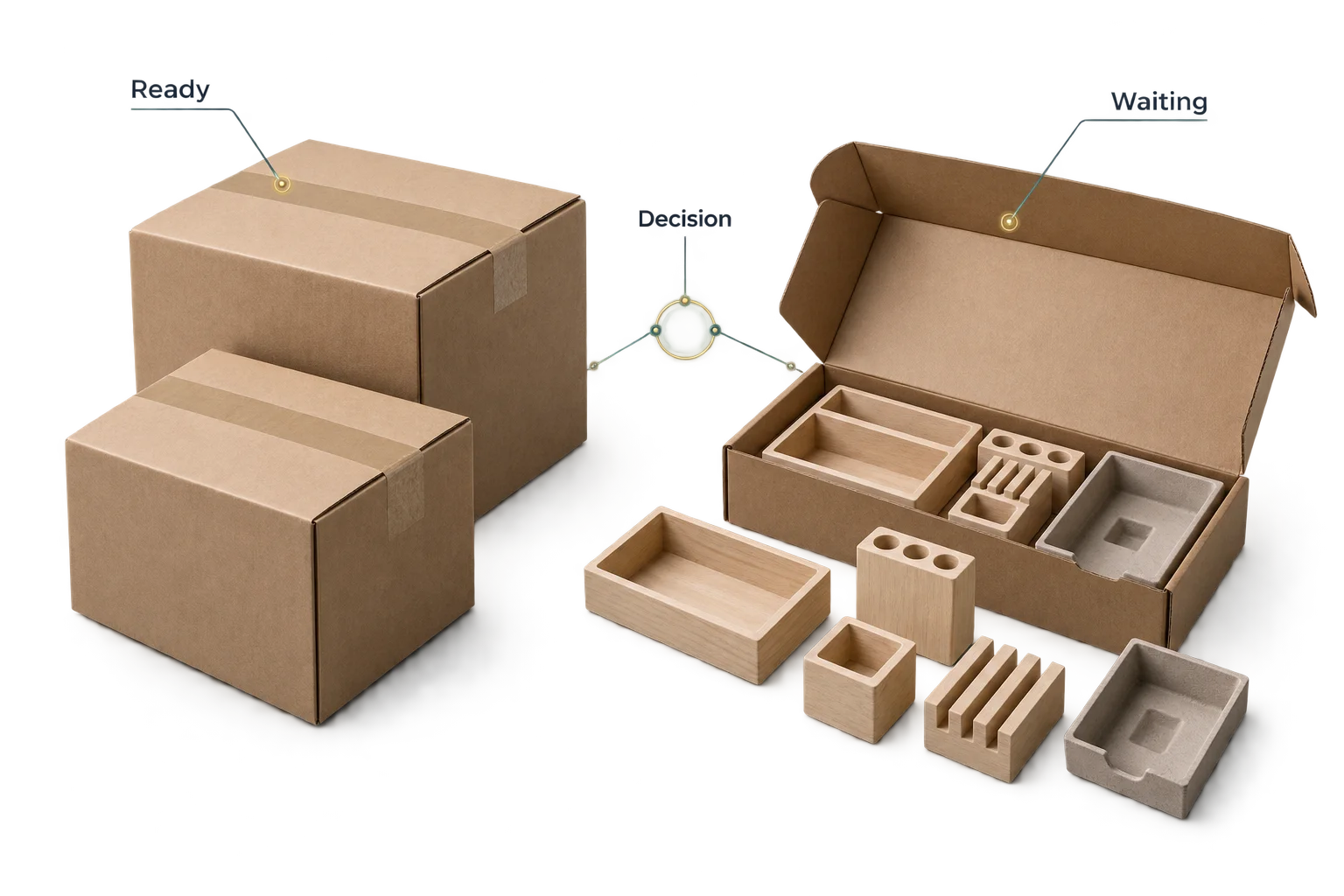 Completed packing and unfinished organizer parts connected to a dispatch-or-wait decision.