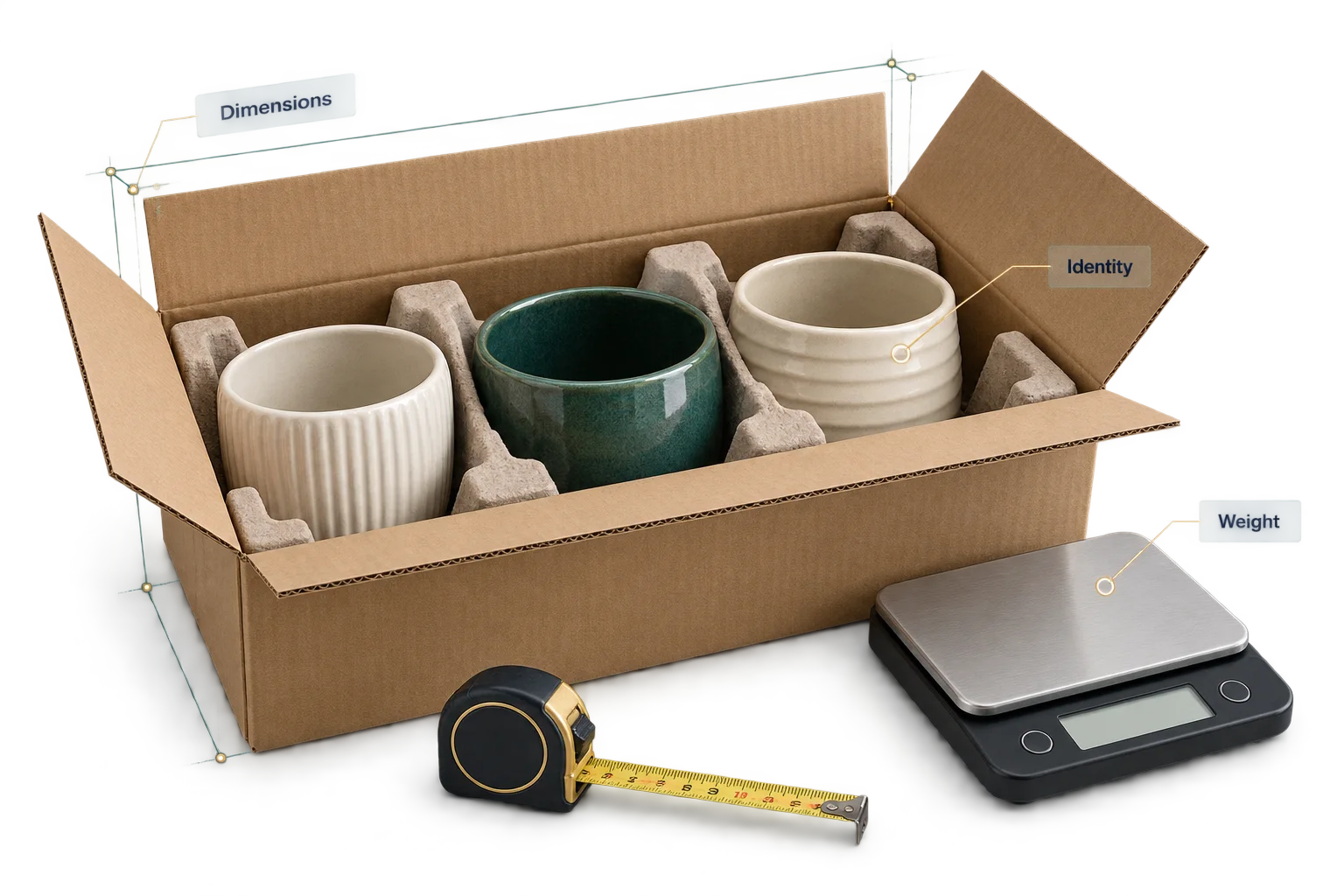 Packed ceramic planters, a parcel scale and precise carton dimensions for freight planning.