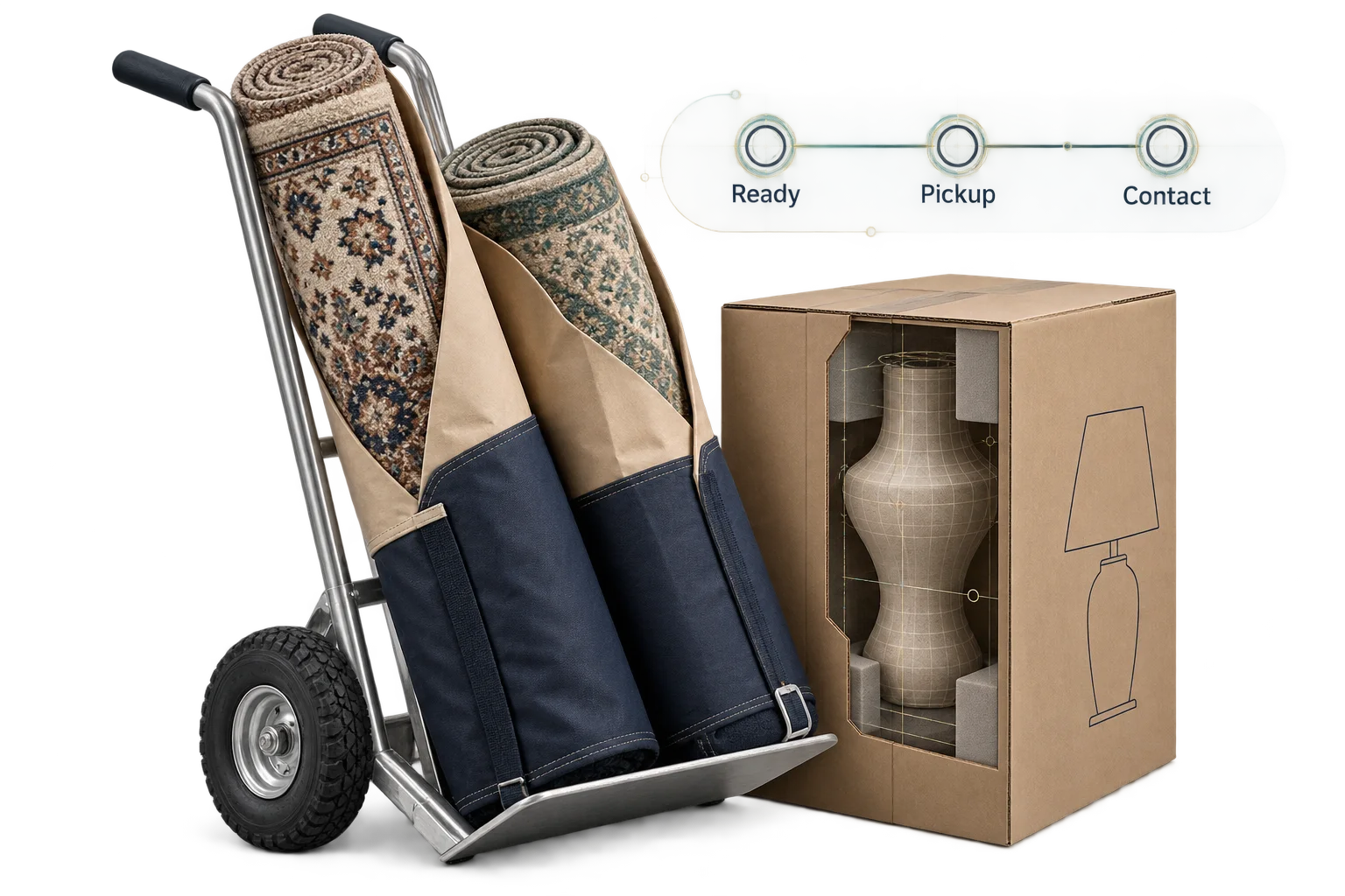 Detailed rolled rugs and boxed goods aligned with a pickup sequence.