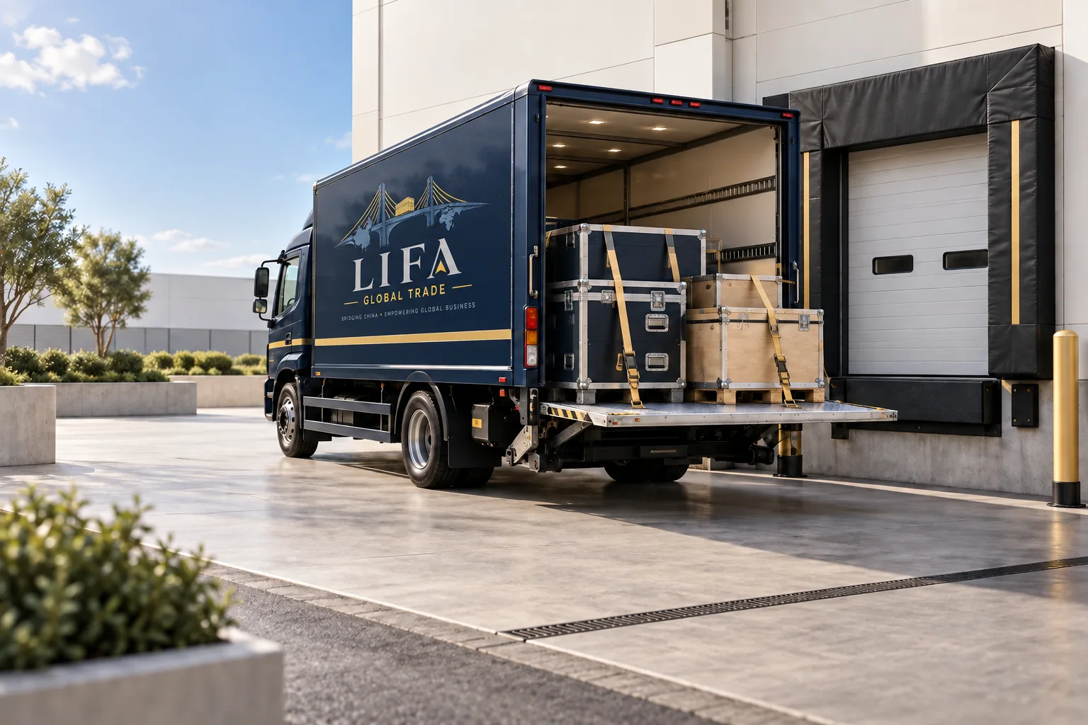 Illustration of a LIFA-branded delivery truck at a receiving dock.