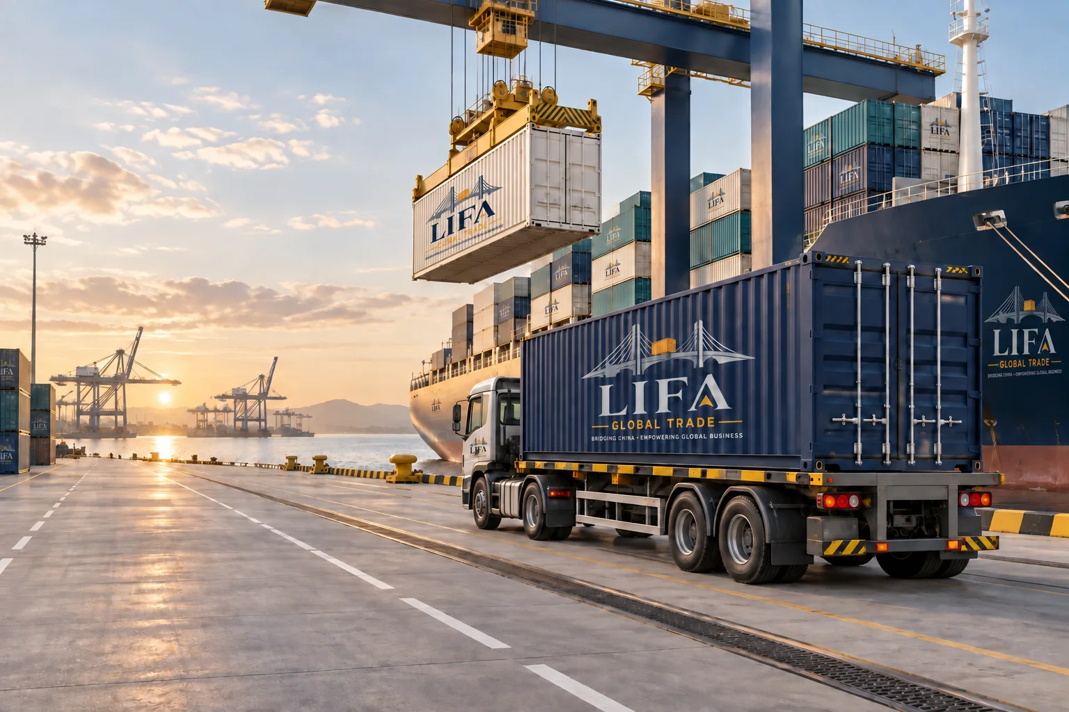 Illustration of road and sea freight handover with LIFA transport branding.