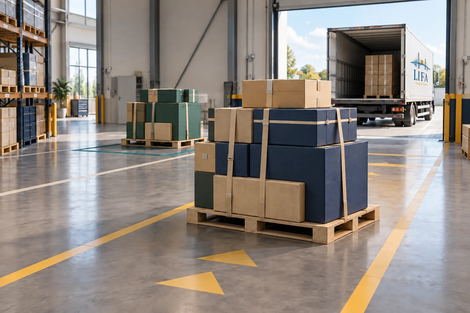 Illustration of staged shipments beside a LIFA-branded delivery truck.