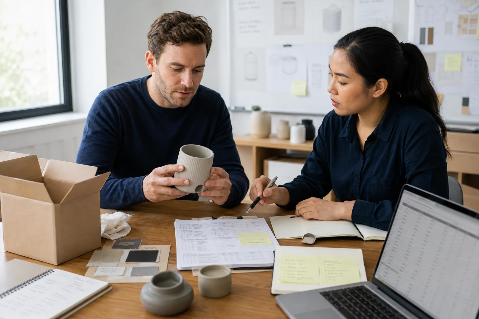 Ecommerce buyer and sourcing coordinator review a ceramic sample, packaging, materials, and supplier notes.