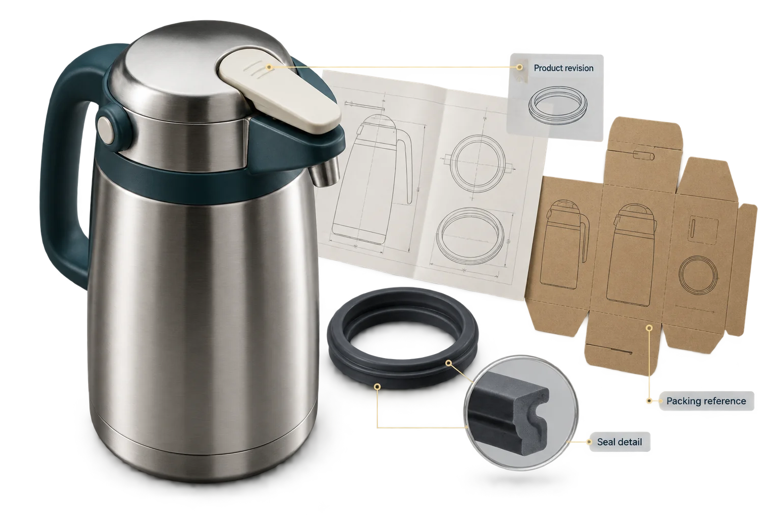 A stainless drink dispenser, matching seal and drawing connect a product revision to its production and packing requirements.