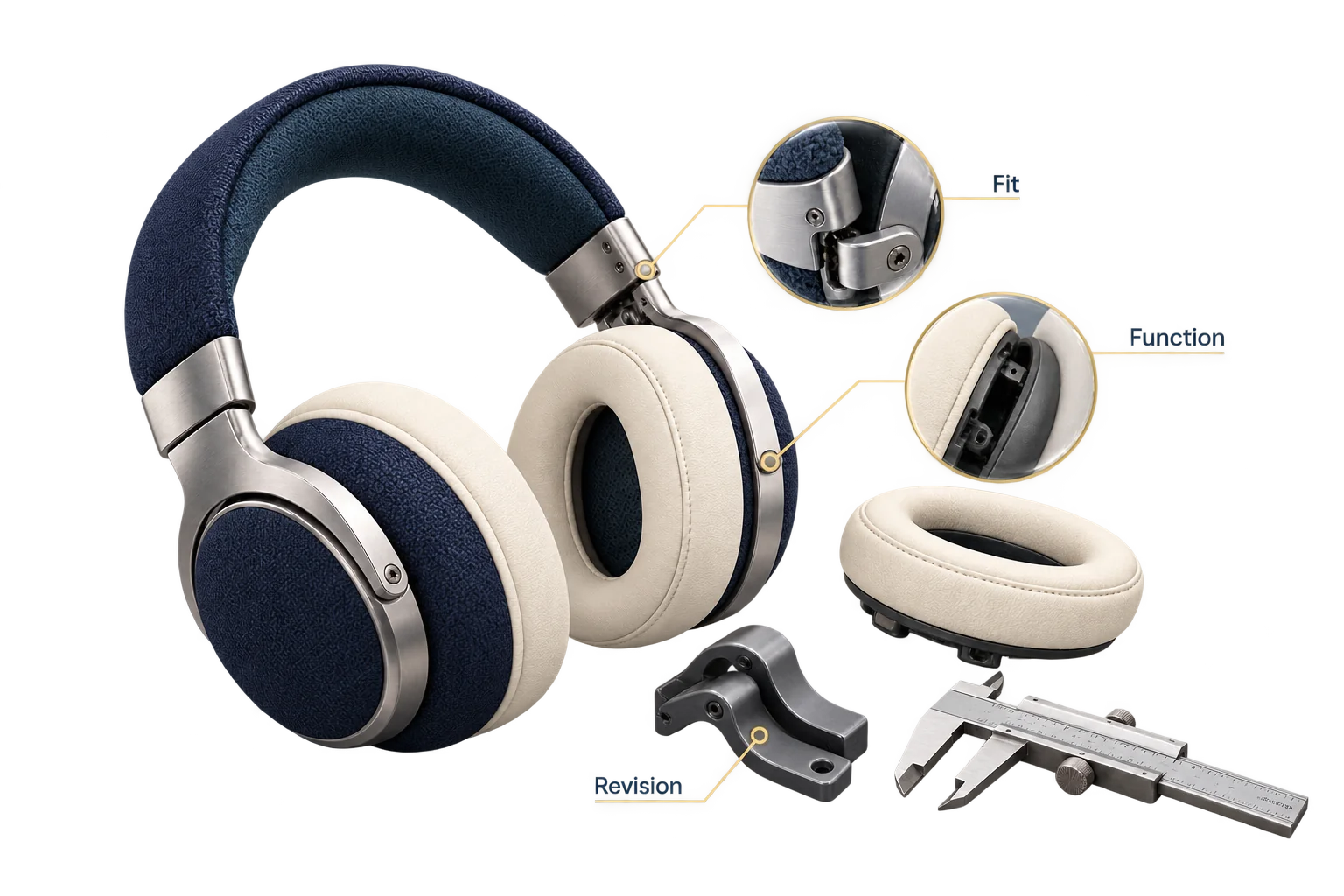 A folding headphone prototype exposes its hinge and cushion fit beside a measuring tool and an earlier component.
