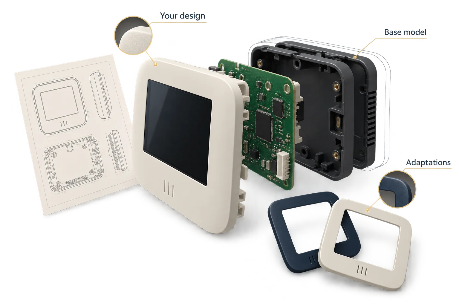 A thermostat housing, internal components and finish options illustrate custom design and adaptation of a base model.