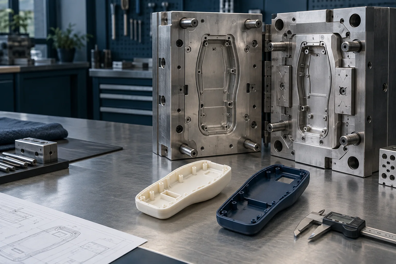 An injection mold and matching molded enclosure prepared for a tooling trial review.