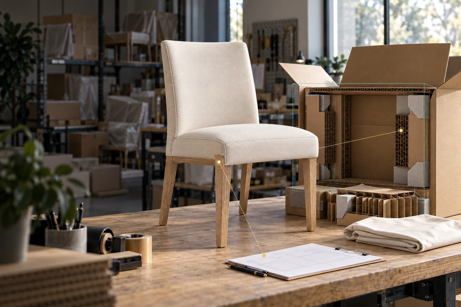 Upholstered chair, fitted carton protection and a packing record linked by a restrained readiness overlay.