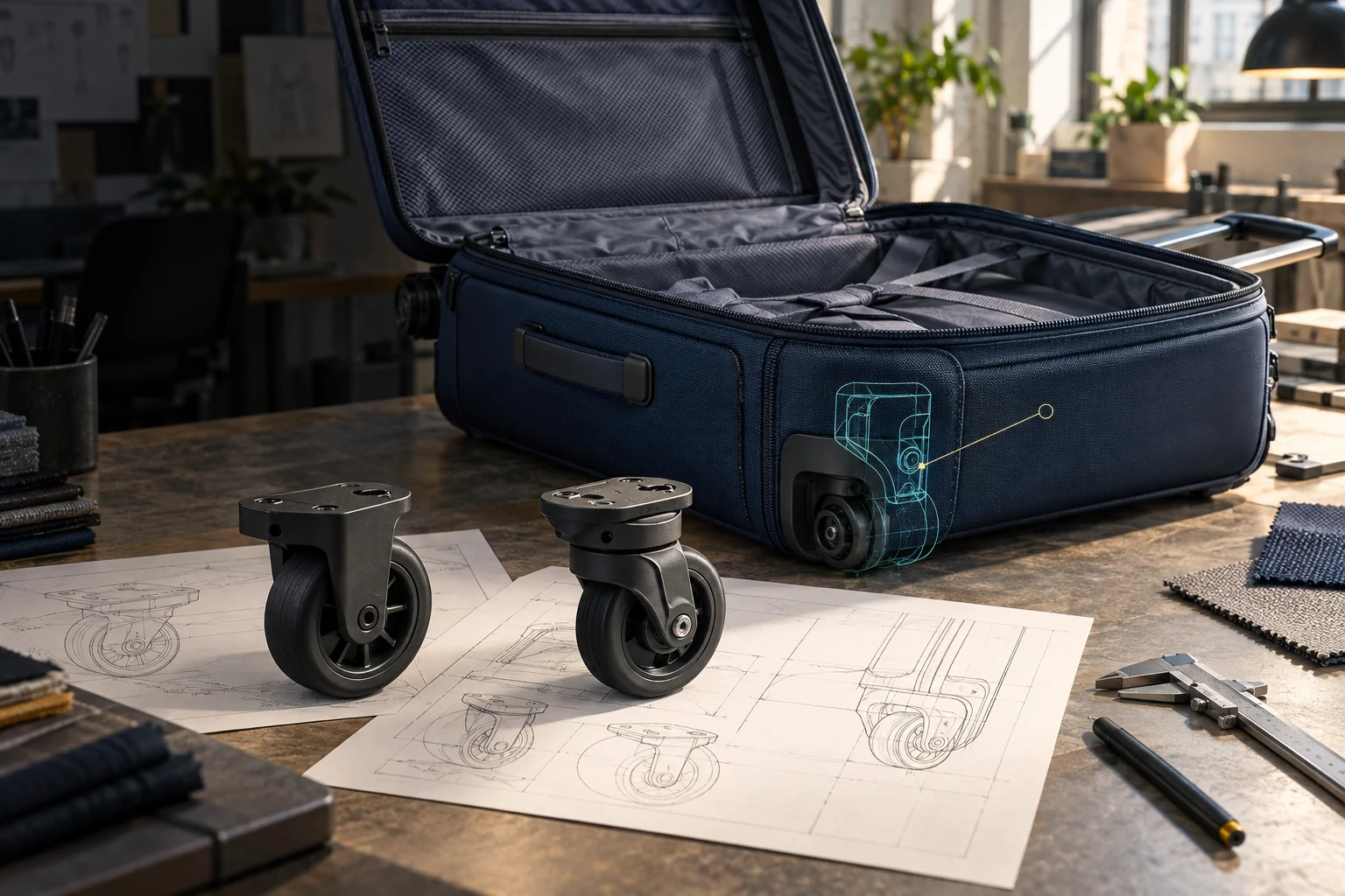 Open suitcase and alternative wheel modules beside a precise bracket-revision overlay.