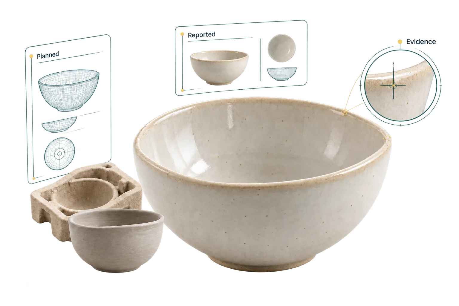 Ceramic product detail linked to a planned stage, supplier report and supporting observation.